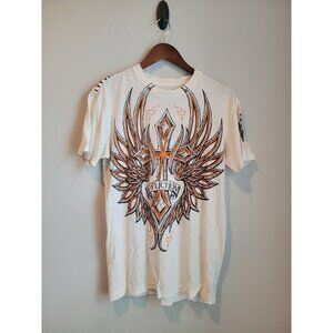 Vintage Affliction Polo Shirt Mens M Cross Angel Wings Grunge Y2K Made In USA